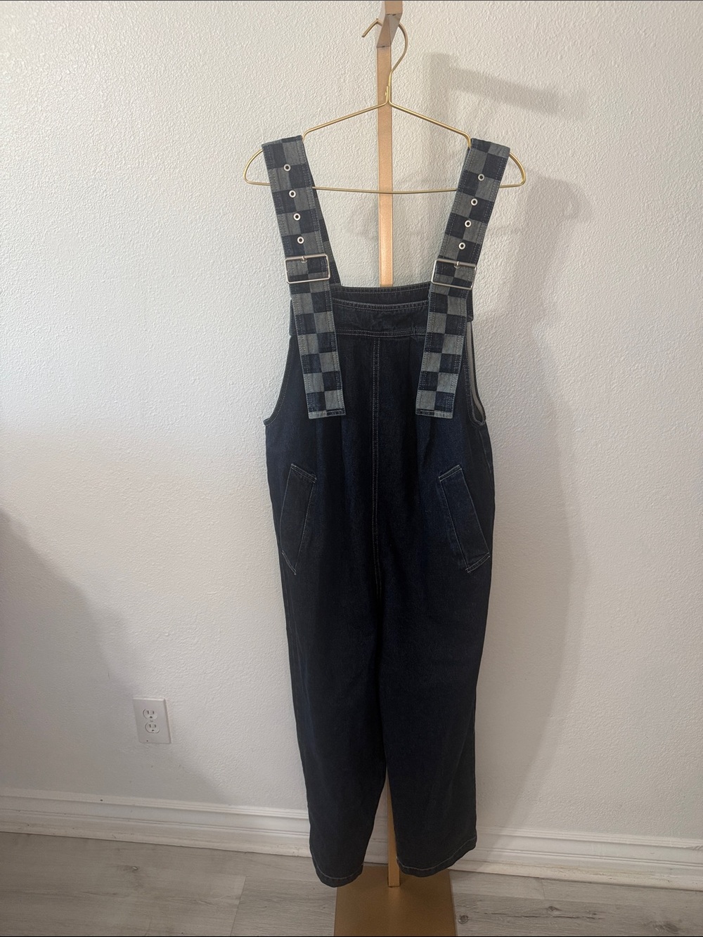 Women's dark Wash Denim Overalls with Checkered Straps- Small